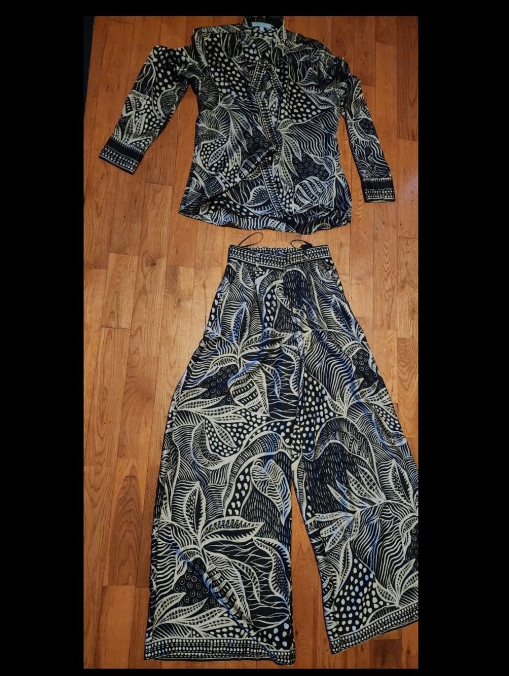 ANTONIO MELANI Black and Cream Botanical Wide-Leg Trousers